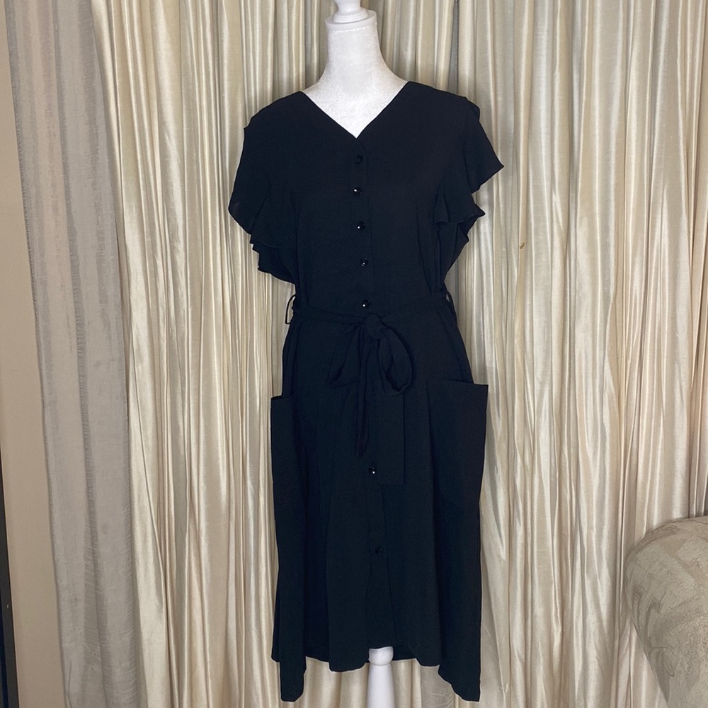 Black Tie Waist Flutter Sleeve Dress